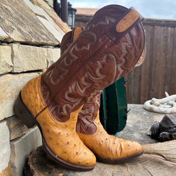 Montana Exotic Ostrich Tan & Brown Heeled Boots with Western Stitching Sz-7.5. P - Picture 6 of 9